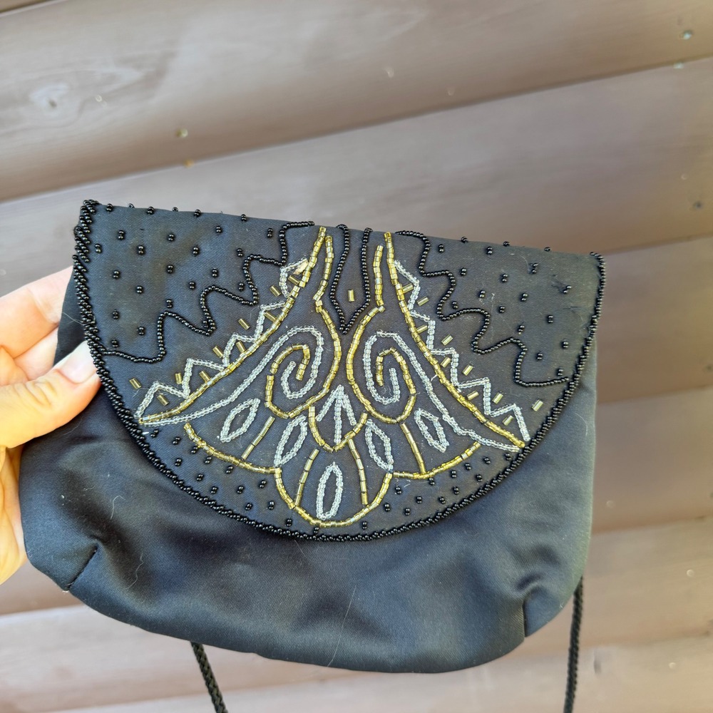Vintage Black Beaded Crossbody Bag Gold Silver Art Deco Evening Satin Purse